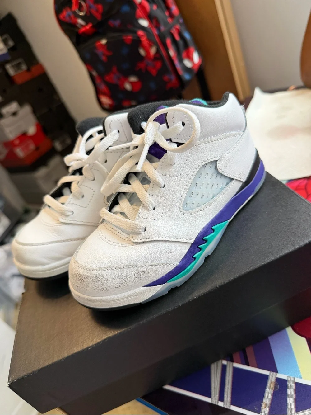 Jordan Kids White Sneakers with Purple and Teal Accents